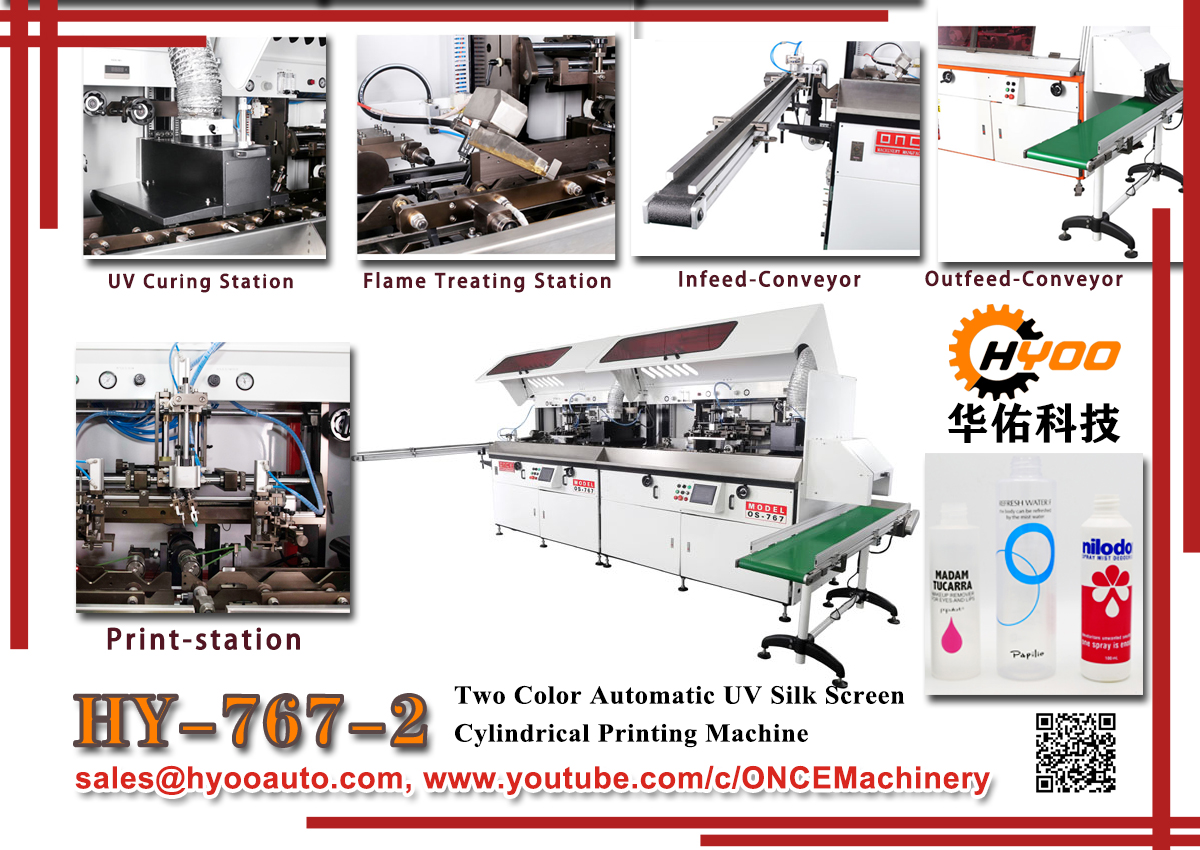Huayu-Automation-HY-767-2-Fully-Automatic-Screen-Printing-Machine-Printer-for-2Colors-Silicone-Sealant-Tube-Cosmetic-Tube-NILODO-SCHWARZKOPF-MADAM-TUCARRA-UV-Curing-Station-Flame-Treating-Station-Infeed-Conveyor-Outfeed-Conveyor-Print-Station Huayu-Automation-HY-767-2-Fully-Automatic-Screen-Printing-Machine-Printer-for-2Colors-Silicone-Sealant-Tube-Cosmetic-Tube-NILODO-SCHWARZKOPF-MADAM-TUCARRA-UV-Curing-Station-Flame-Treating-Station-Infeed-Conveyor-Outfeed-Conveyor-Print-Station
